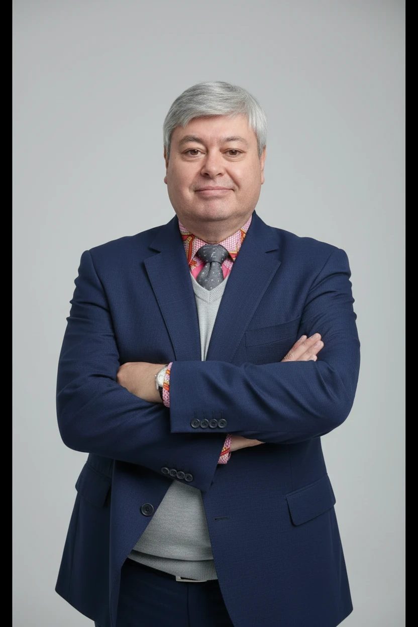 Bernard Baudon en costume bleu marine, bras croisés
